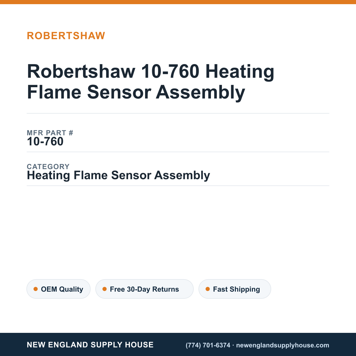 Robertshaw 10-760 Heating Flame Sensor Assembly — New England Supply House spec card [NESH-SPEC-CARD-V2]