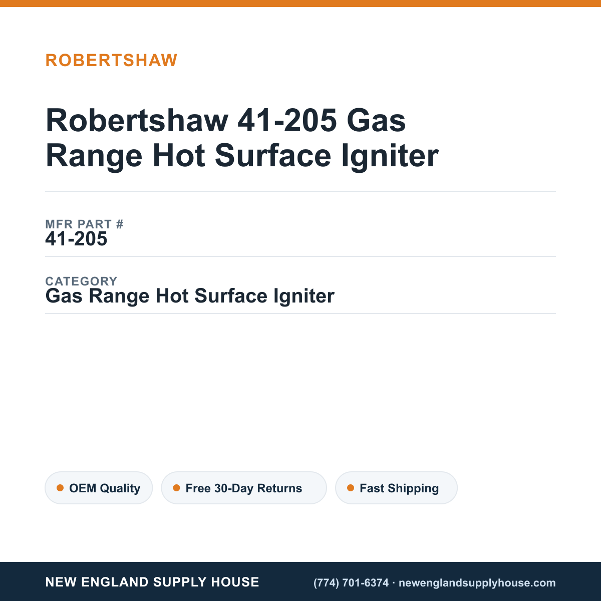 Robertshaw 41-205 Gas Range Hot Surface Igniter — New England Supply House spec card [NESH-SPEC-CARD-V2]