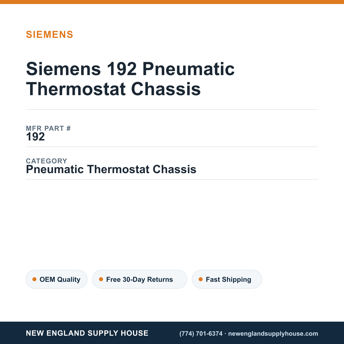 Siemens 192 Pneumatic Thermostat Chassis — New England Supply House spec card [NESH-SPEC-CARD-V2]