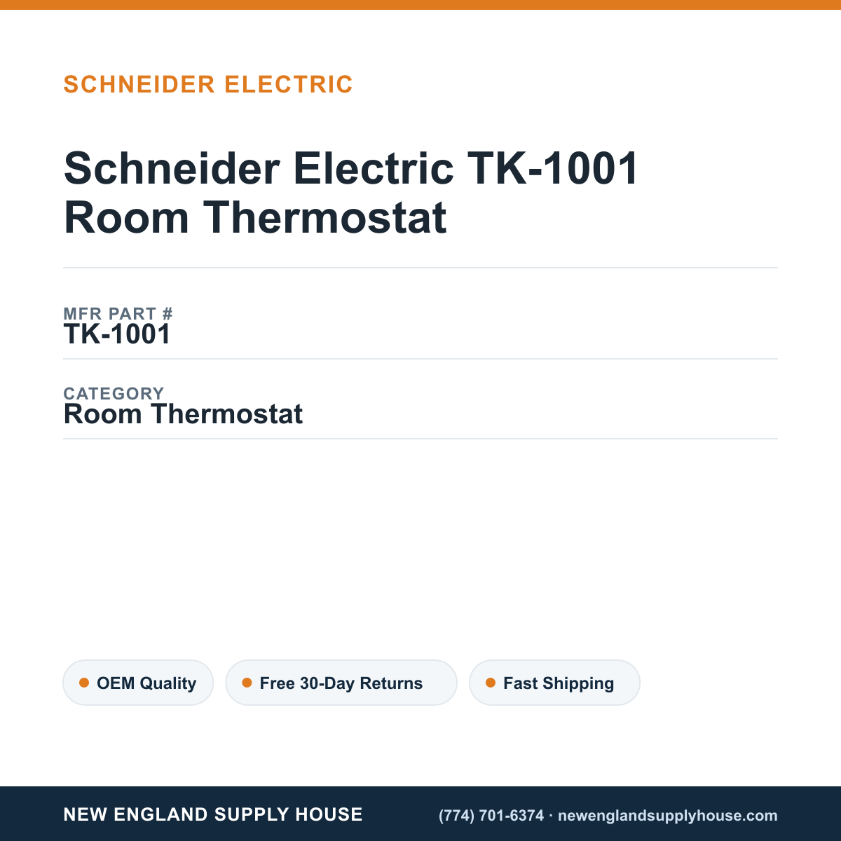 Schneider Electric TK-1001 Room Thermostat — New England Supply House spec card [NESH-SPEC-CARD-V2]
