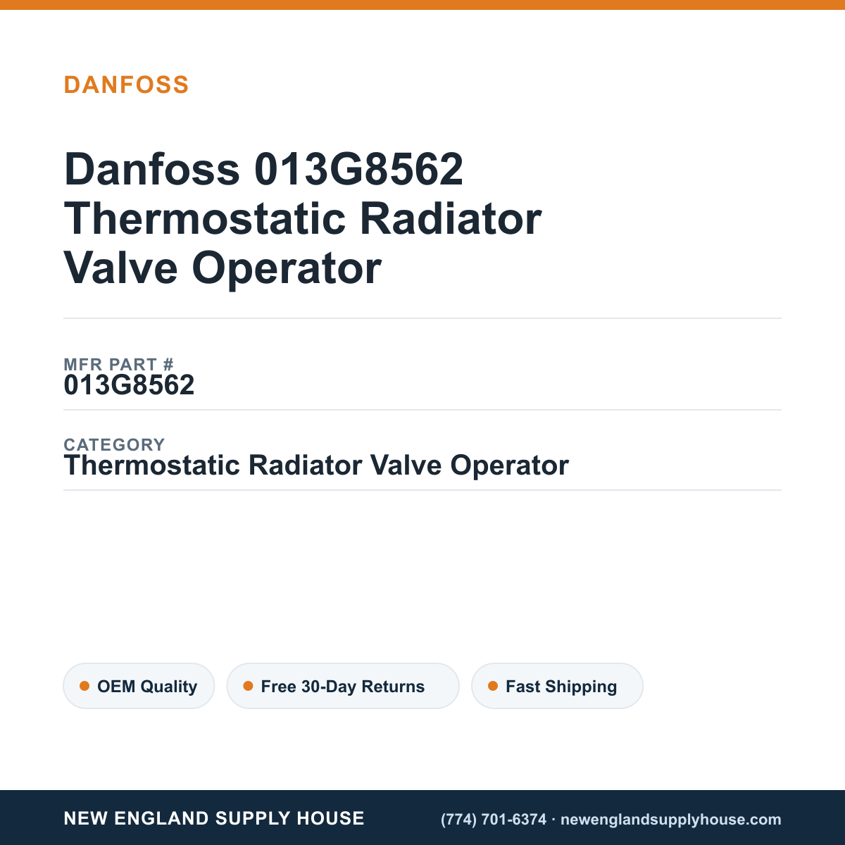 Danfoss 013G8562 Thermostatic Radiator Valve Operator — New England Supply House spec card [NESH-SPEC-CARD-V2]
