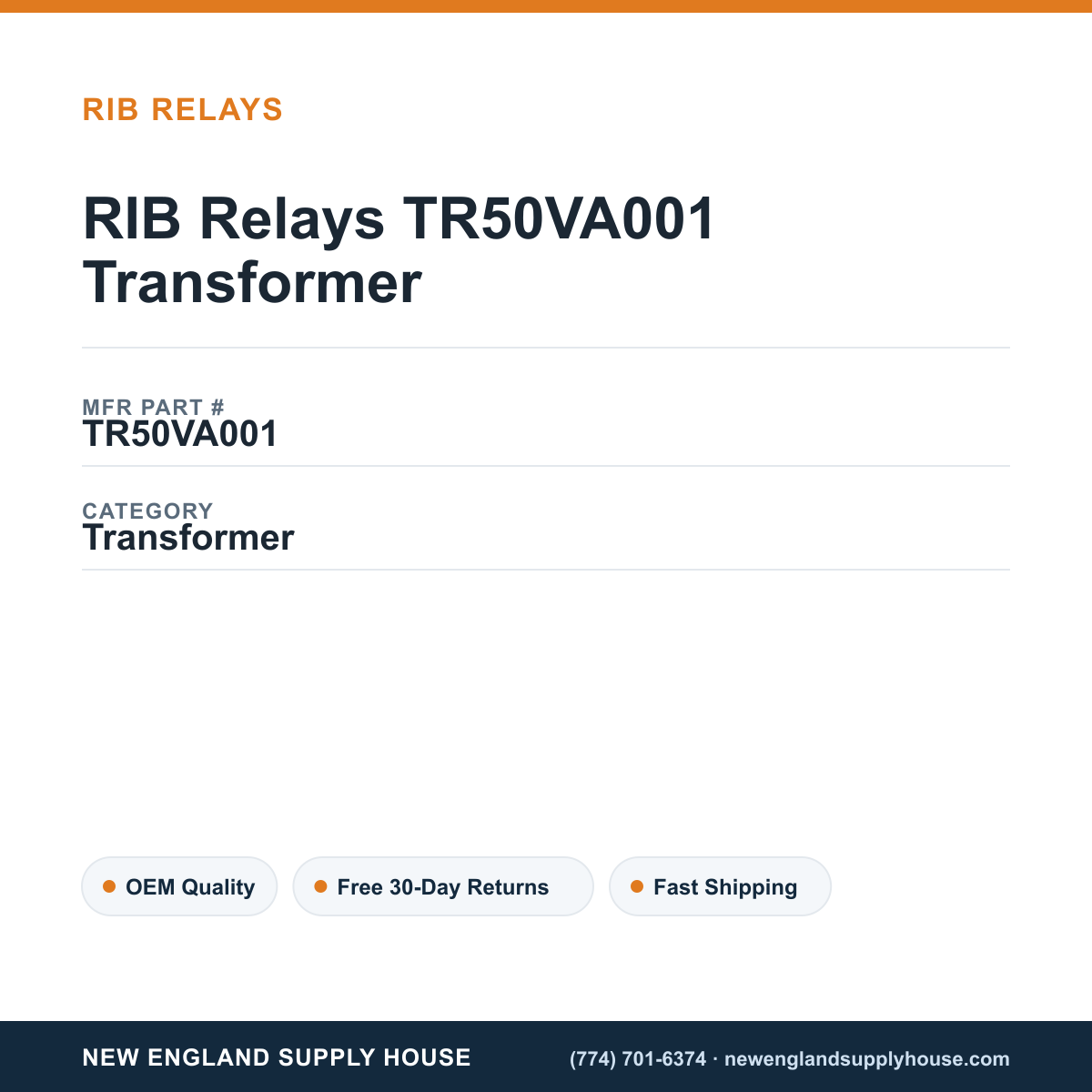 RIB Relays TR50VA001 Transformer — New England Supply House spec card [NESH-SPEC-CARD-V2]