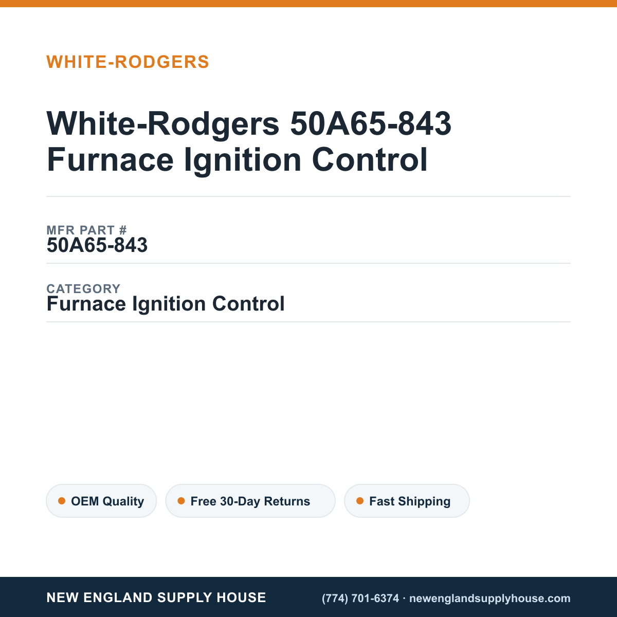 White-Rodgers 50A65-843 Furnace Ignition Control — New England Supply House spec card [NESH-SPEC-CARD-V2]