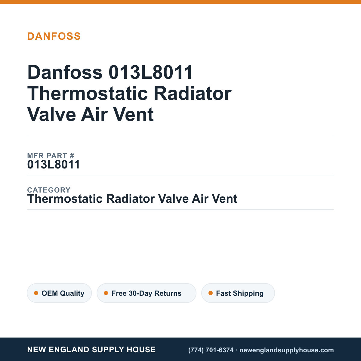 Danfoss 013L8011 Thermostatic Radiator Valve Air Vent — New England Supply House spec card [NESH-SPEC-CARD-V2]