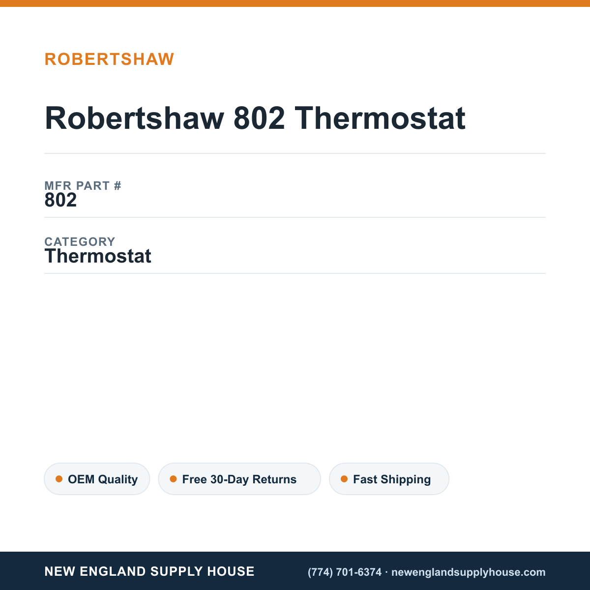 Robertshaw 802 Thermostat — New England Supply House spec card [NESH-SPEC-CARD-V2]