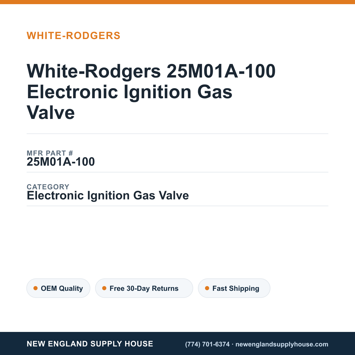 White-Rodgers 25M01A-100 Electronic Ignition Gas Valve — New England Supply House spec card [NESH-SPEC-CARD-V2]