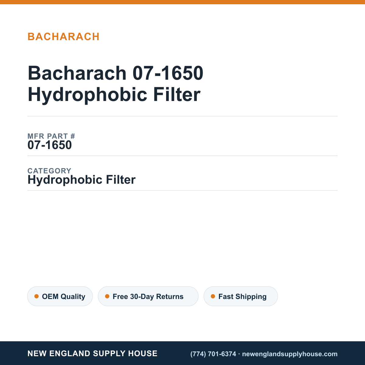 Bacharach 07-1650 Hydrophobic Filter — New England Supply House spec card [NESH-SPEC-CARD-V2]