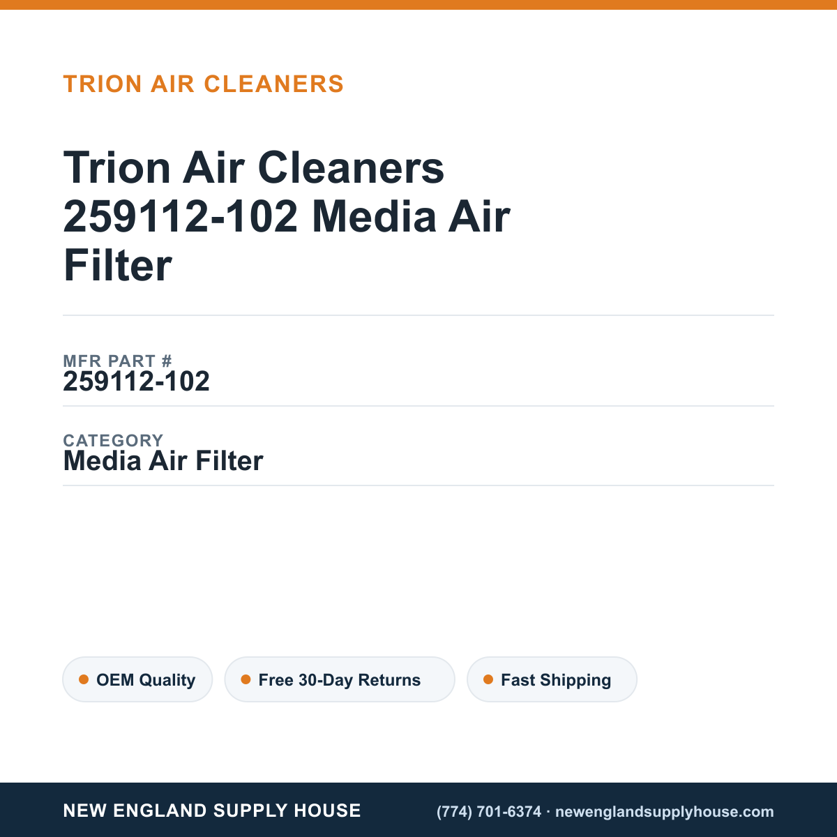 Trion Air Cleaners 259112-102 Media Air Filter — New England Supply House spec card [NESH-SPEC-CARD-V2]