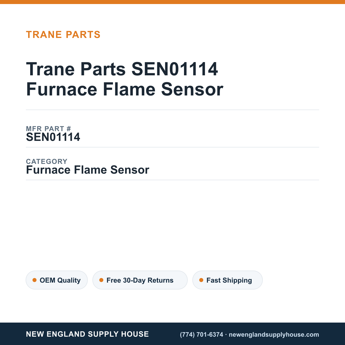 Trane Parts SEN01114 Furnace Flame Sensor — New England Supply House spec card [NESH-SPEC-CARD-V2]