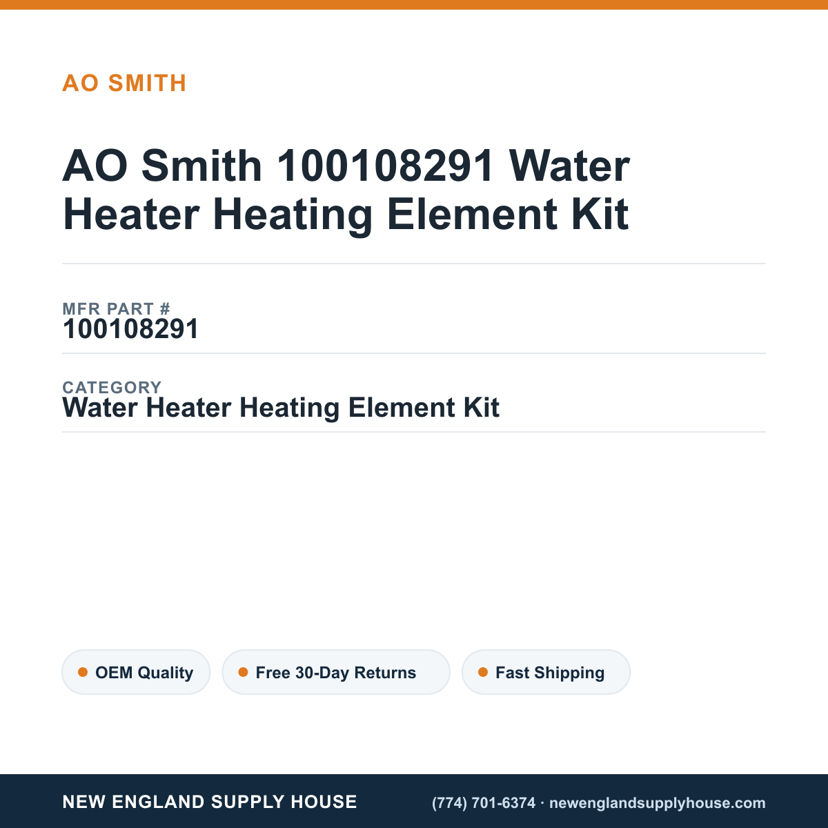 AO Smith 100108291 Water Heater Heating Element Kit — New England Supply House spec card [NESH-SPEC-CARD-V2]
