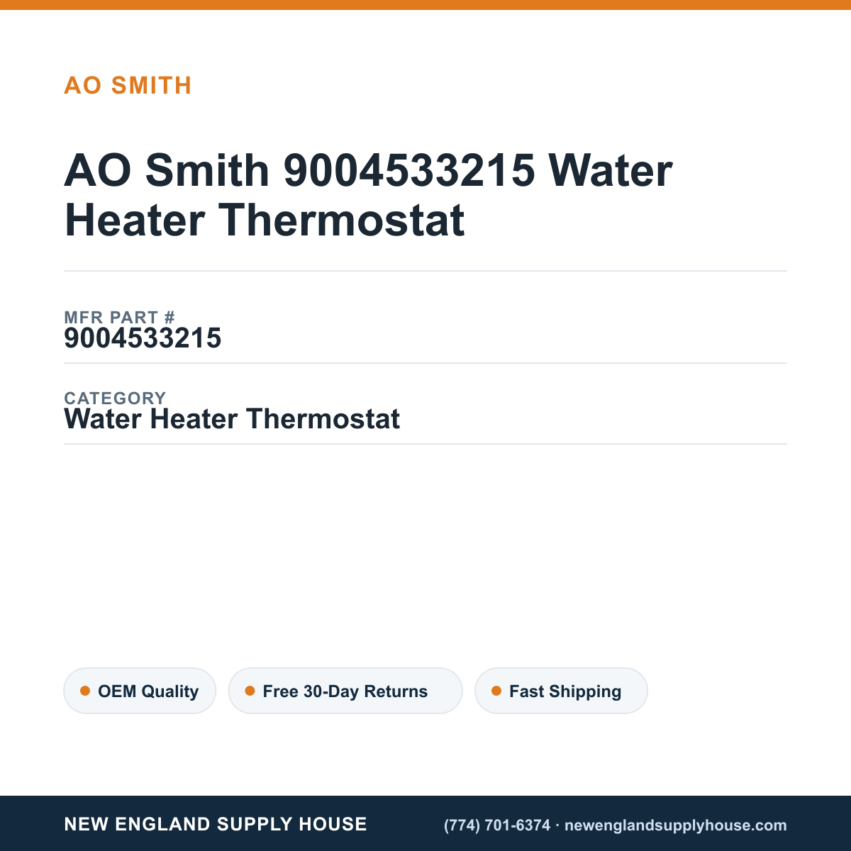 AO Smith 9004533215 Water Heater Thermostat — New England Supply House spec card [NESH-SPEC-CARD-V2]