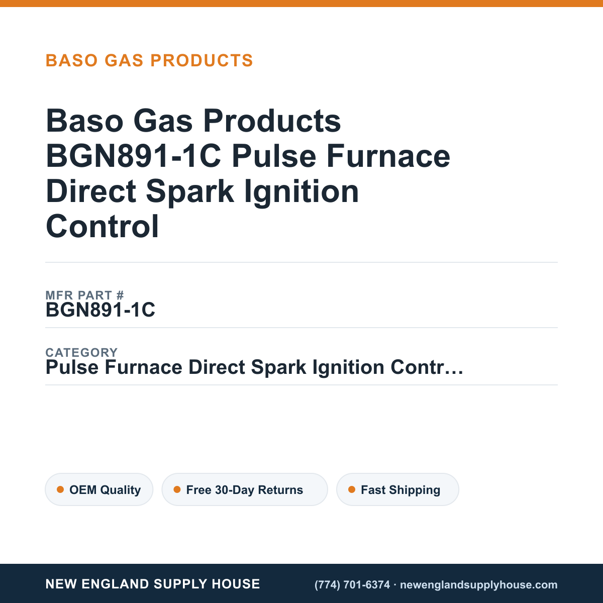 Baso Gas Products BGN891-1C Pulse Furnace Direct Spark Ignition Control — New England Supply House spec card [NESH-SPEC-CARD-V2]