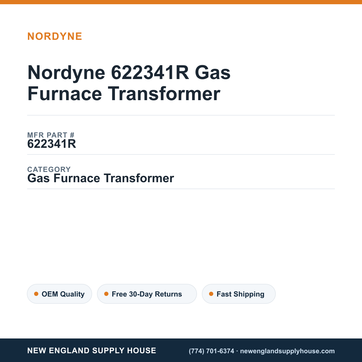 Nordyne 622341R Gas Furnace Transformer — New England Supply House spec card [NESH-SPEC-CARD-V2]