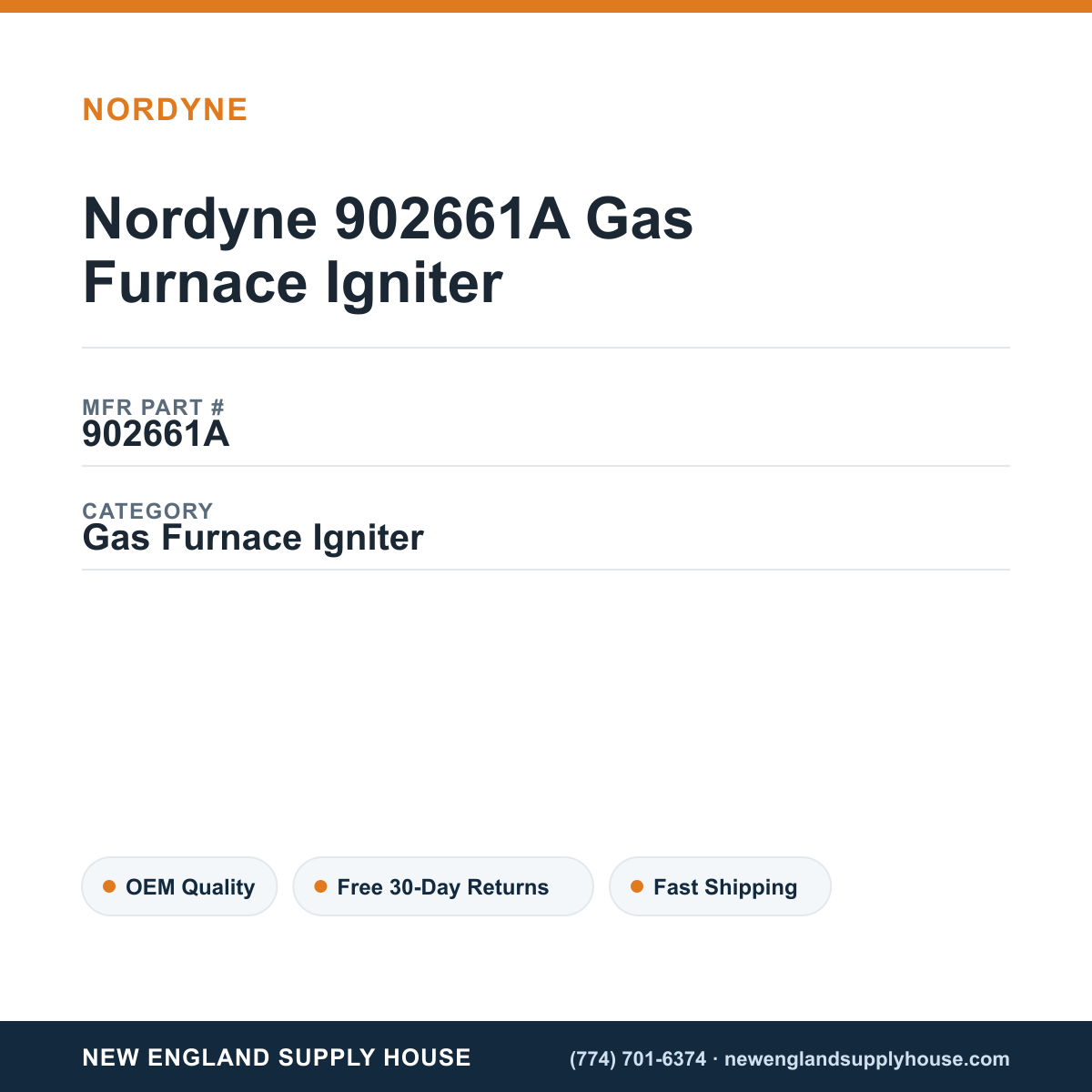 Nordyne 902661A Gas Furnace Igniter — New England Supply House spec card [NESH-SPEC-CARD-V2]
