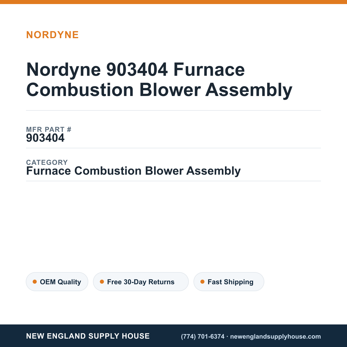 Nordyne 903404 Furnace Combustion Blower Assembly — New England Supply House spec card [NESH-SPEC-CARD-V2]