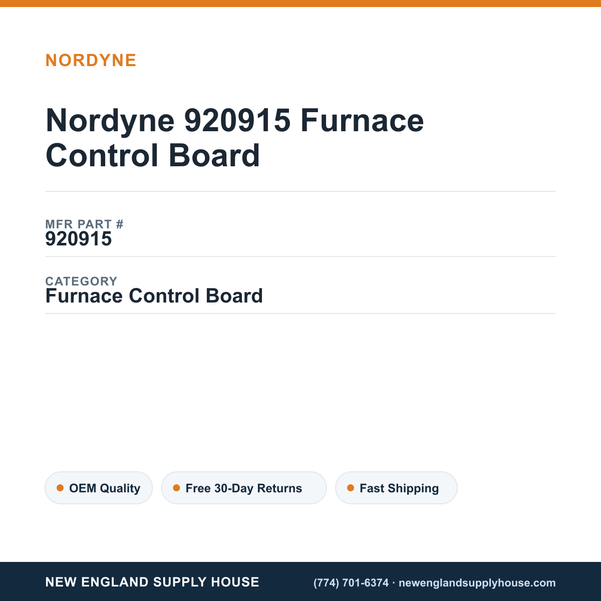 Nordyne 920915 Furnace Control Board — New England Supply House spec card [NESH-SPEC-CARD-V2]