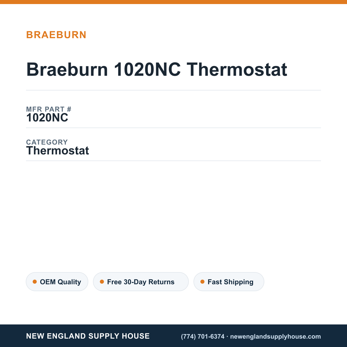 Braeburn 1020NC Thermostat — New England Supply House spec card [NESH-SPEC-CARD-V2]