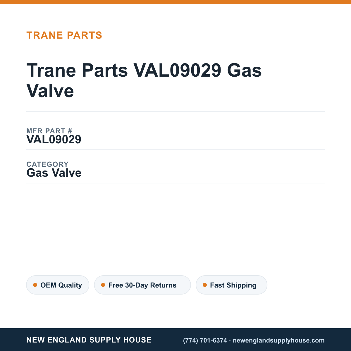 Trane Parts VAL09029 Gas Valve — New England Supply House spec card [NESH-SPEC-CARD-V2]