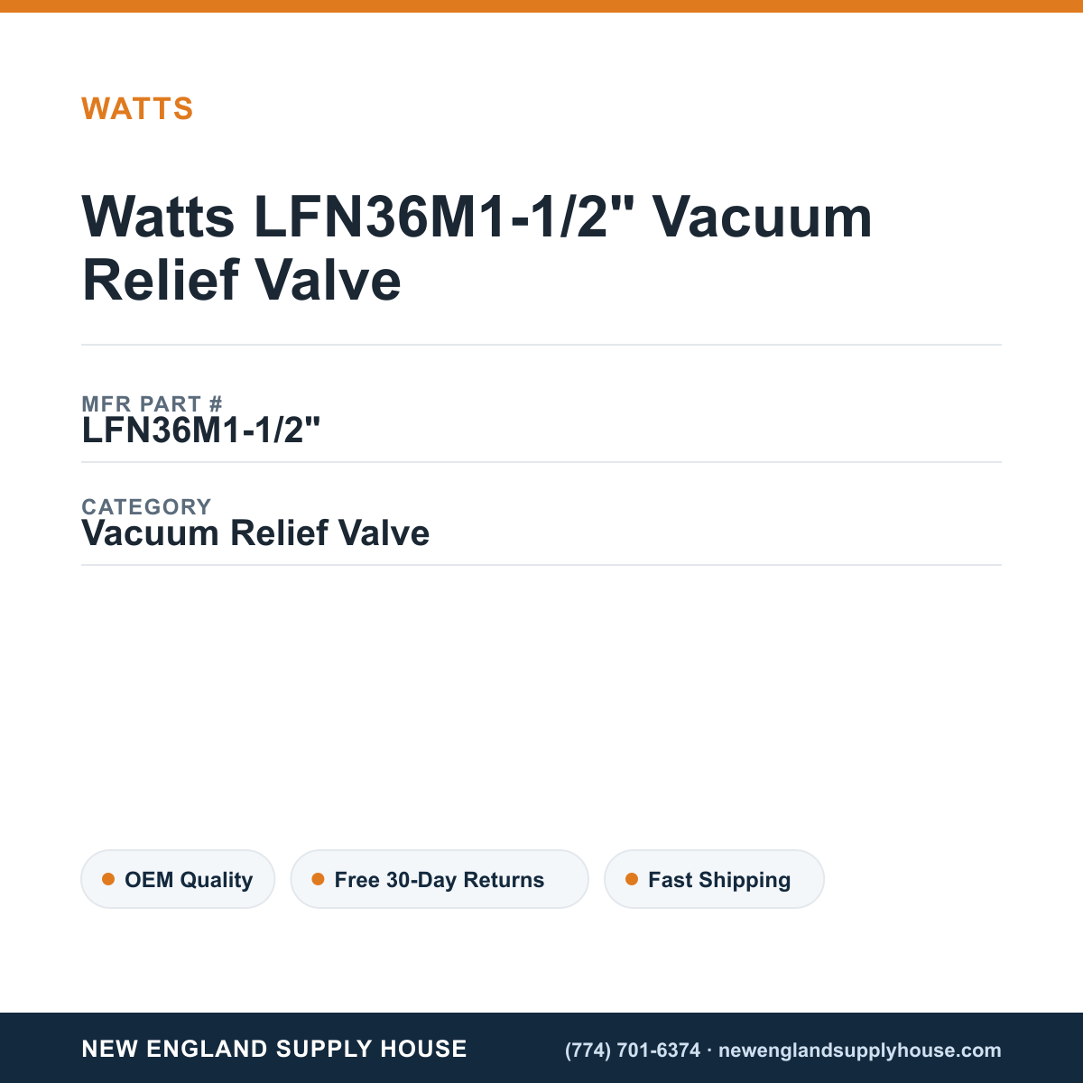 Watts LFN36M1-1/2" Vacuum Relief Valve — New England Supply House spec card [NESH-SPEC-CARD-V2]