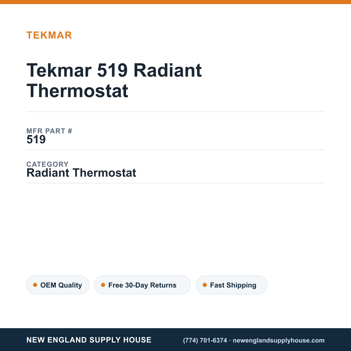Tekmar 519 Radiant Thermostat — New England Supply House spec card [NESH-SPEC-CARD-V2]
