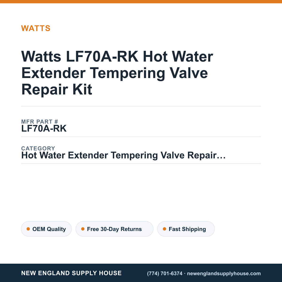 Watts LF70A-RK Hot Water Extender Tempering Valve Repair Kit — New England Supply House spec card [NESH-SPEC-CARD-V2]