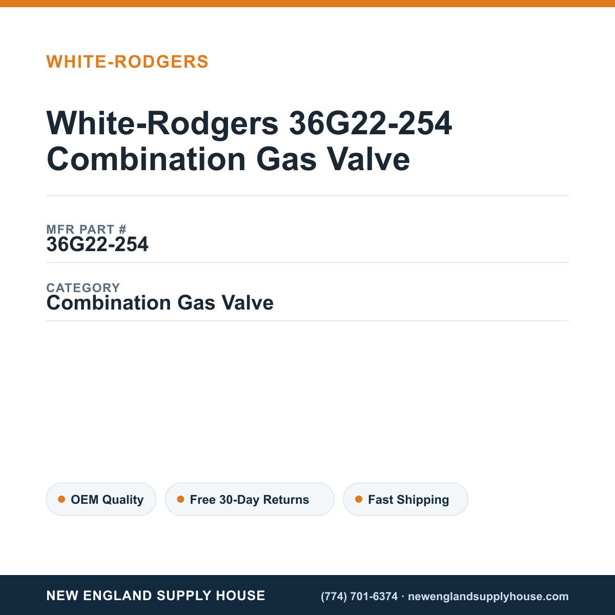 White-Rodgers 36G22-254 Combination Gas Valve — New England Supply House spec card [NESH-SPEC-CARD-V2]