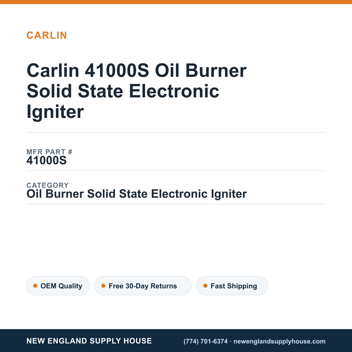 Carlin 41000S Oil Burner Solid State Electronic Igniter — New England Supply House spec card [NESH-SPEC-CARD-V2]