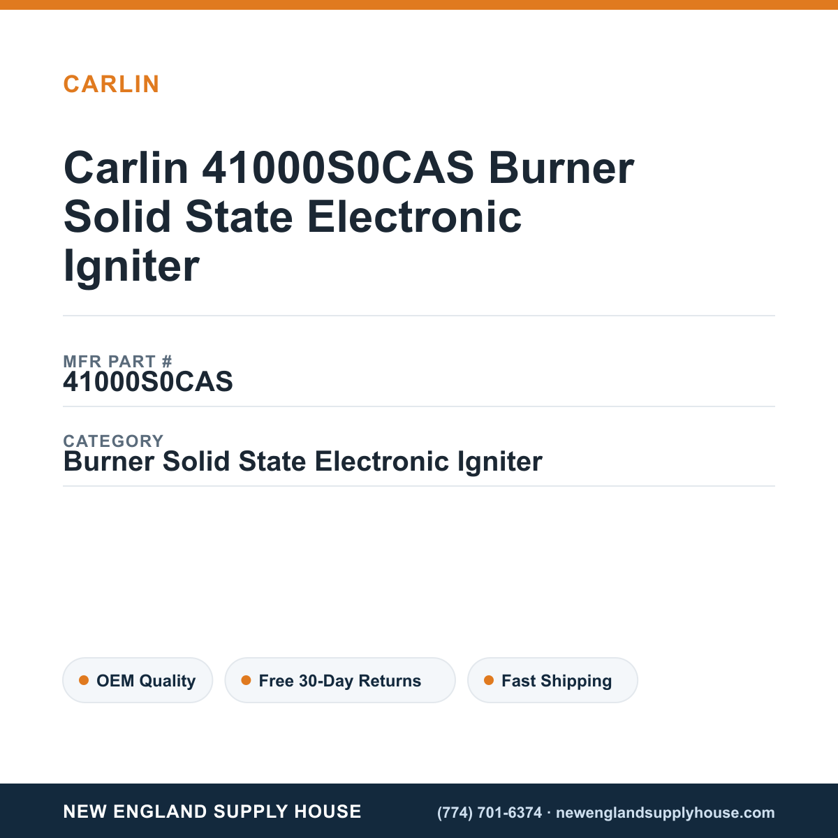 Carlin 41000S0CAS Burner Solid State Electronic Igniter — New England Supply House spec card [NESH-SPEC-CARD-V2]