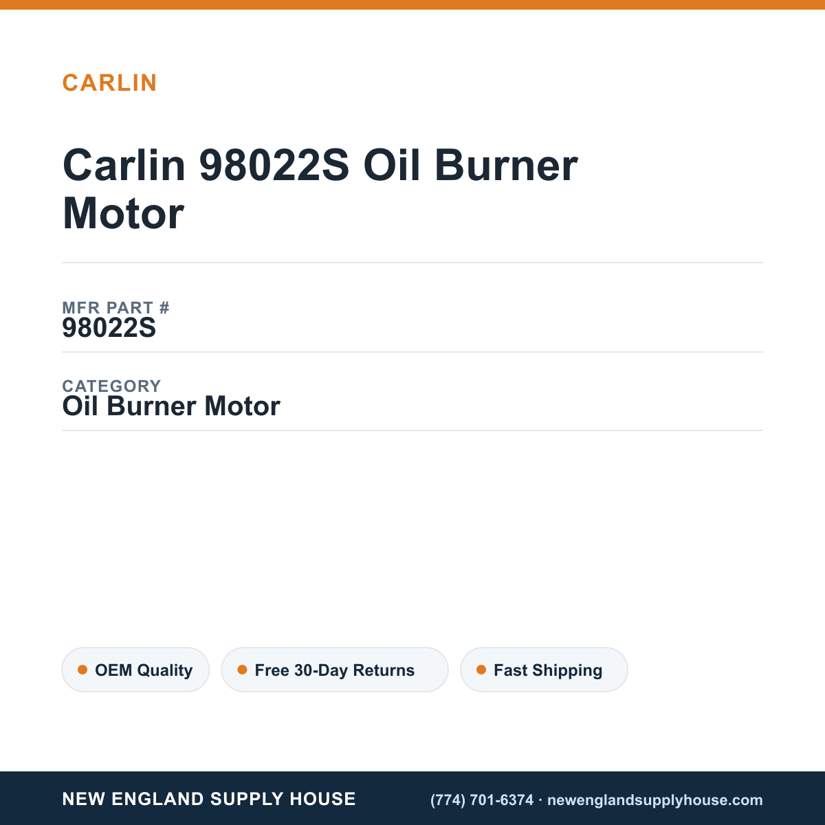 Carlin 98022S Oil Burner Motor — New England Supply House spec card [NESH-SPEC-CARD-V2]