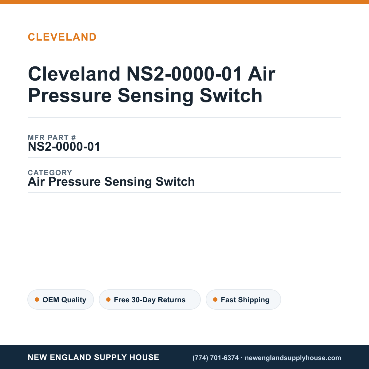 Cleveland NS2-0000-01 Air Pressure Sensing Switch — New England Supply House spec card [NESH-SPEC-CARD-V2]
