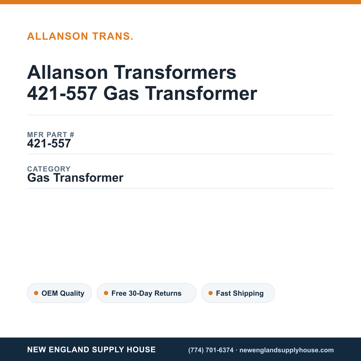 Allanson Transformers 421-557 Gas Transformer — New England Supply House spec card [NESH-SPEC-CARD-V2]