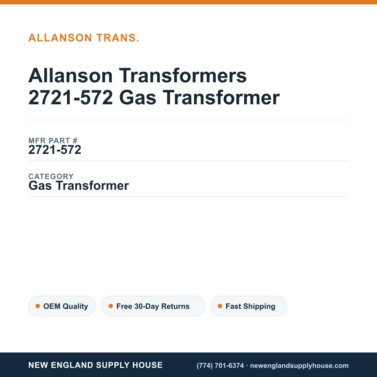 Allanson Transformers 2721-572 Gas Transformer — New England Supply House spec card [NESH-SPEC-CARD-V2]