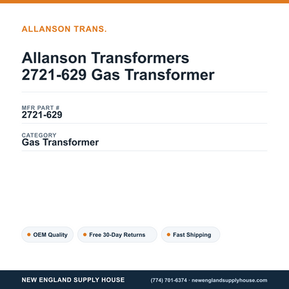 Allanson Transformers 2721-629 Gas Transformer — New England Supply House spec card [NESH-SPEC-CARD-V2]