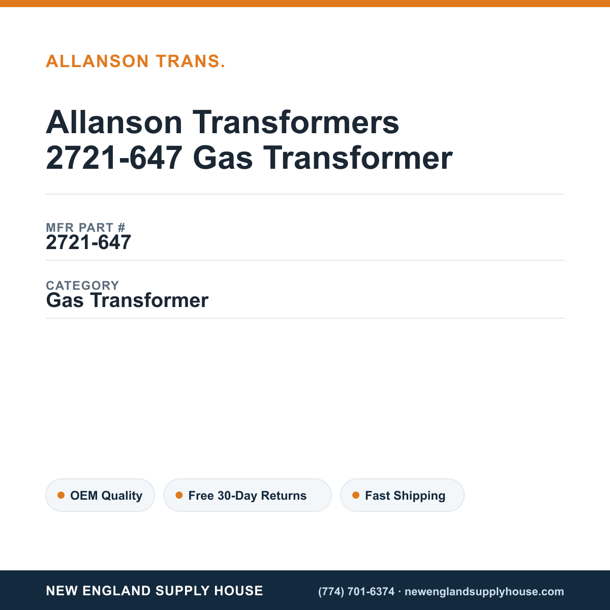 Allanson Transformers 2721-647 Gas Transformer — New England Supply House spec card [NESH-SPEC-CARD-V2]