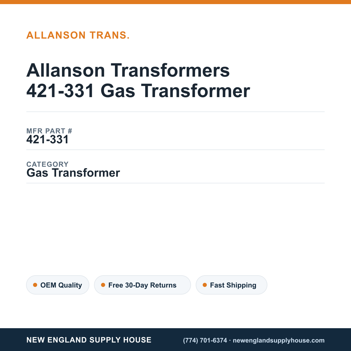 Allanson Transformers 421-331 Gas Transformer — New England Supply House spec card [NESH-SPEC-CARD-V2]