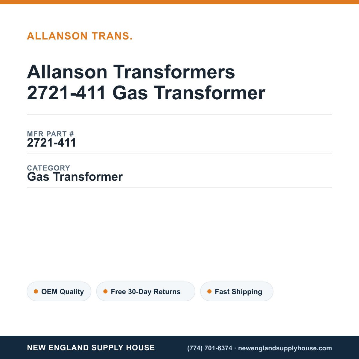 Allanson Transformers 2721-411 Gas Transformer — New England Supply House spec card [NESH-SPEC-CARD-V2]