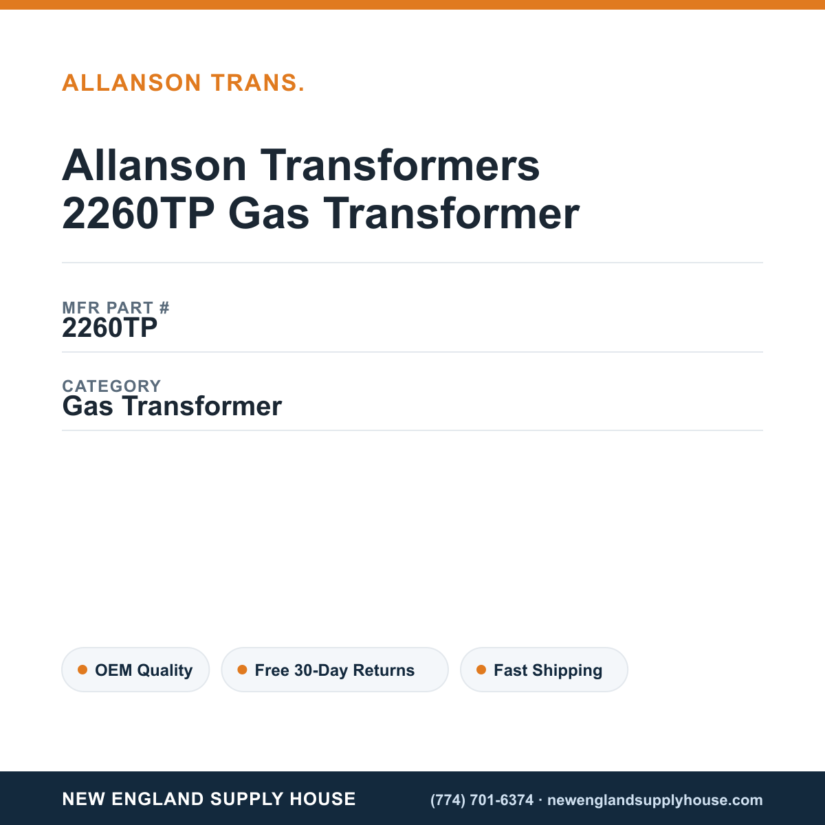 Allanson Transformers 2260TP Gas Transformer — New England Supply House spec card [NESH-SPEC-CARD-V2]