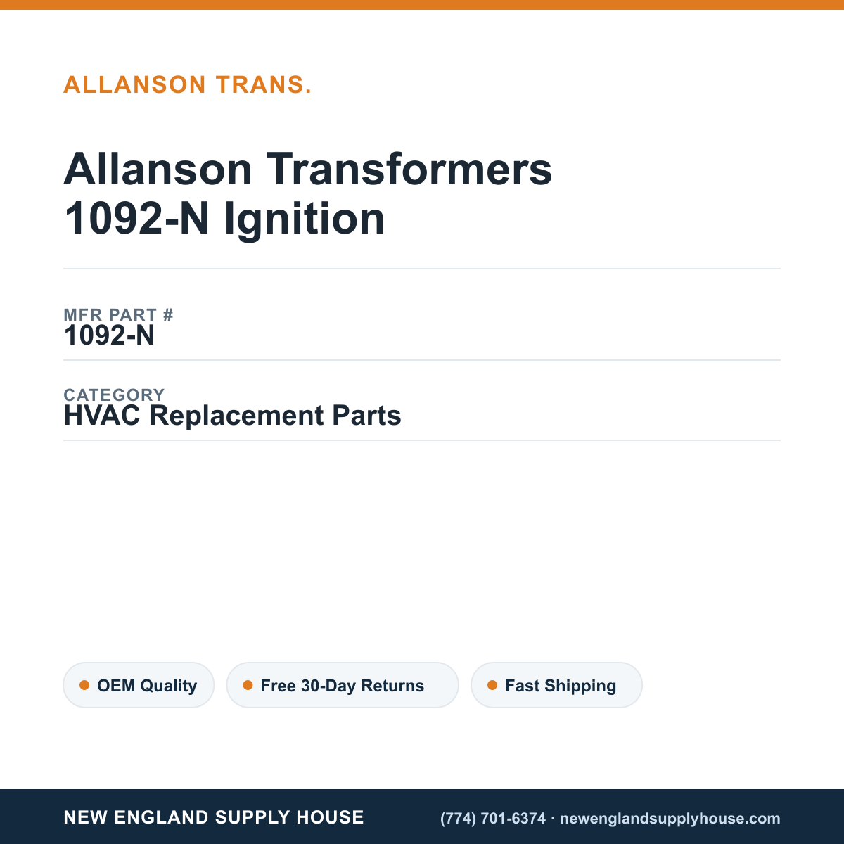 Allanson Transformers 1092-N Ignition — New England Supply House spec card [NESH-SPEC-CARD-V2]