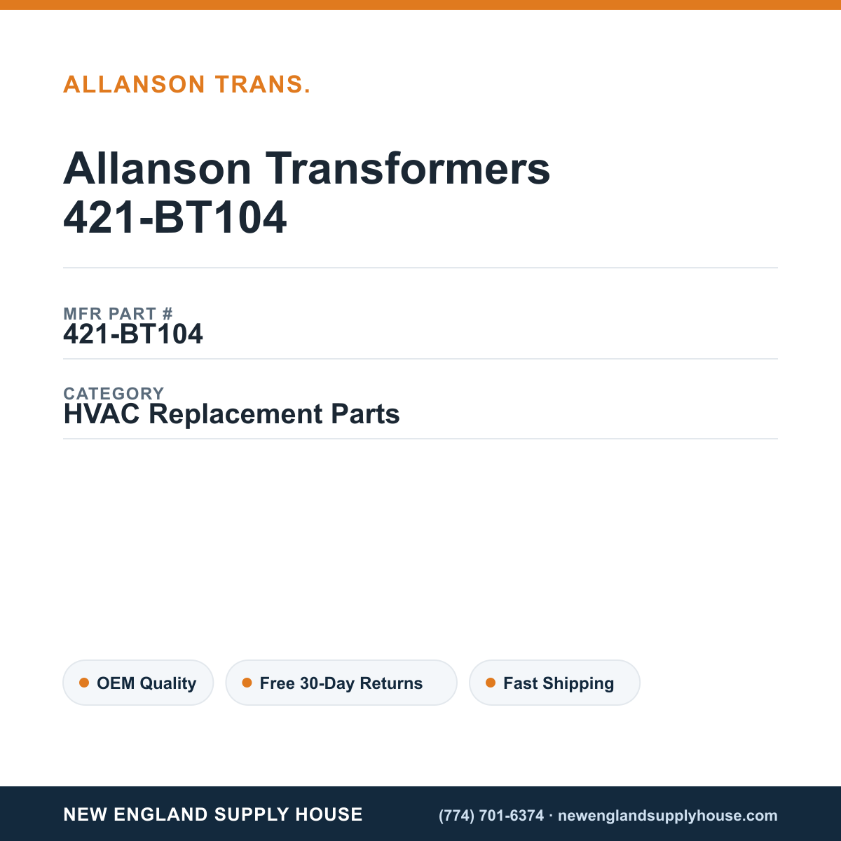 Allanson Transformers 421-BT104 — New England Supply House spec card [NESH-SPEC-CARD-V2]