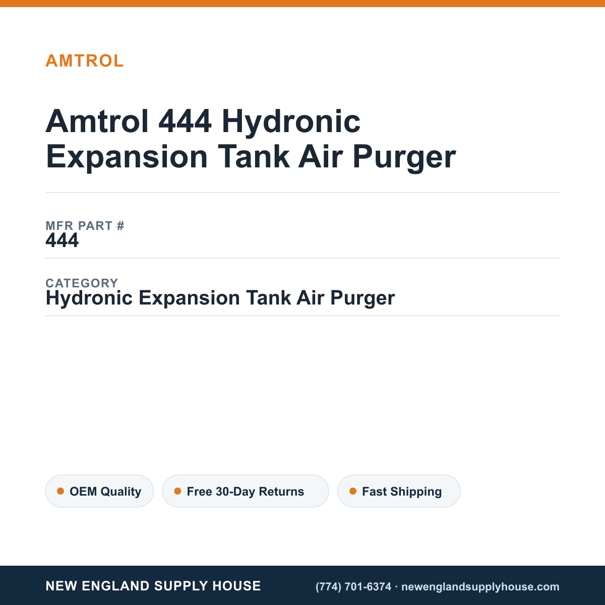 Amtrol 444 Hydronic Expansion Tank Air Purger — New England Supply House spec card [NESH-SPEC-CARD-V2]