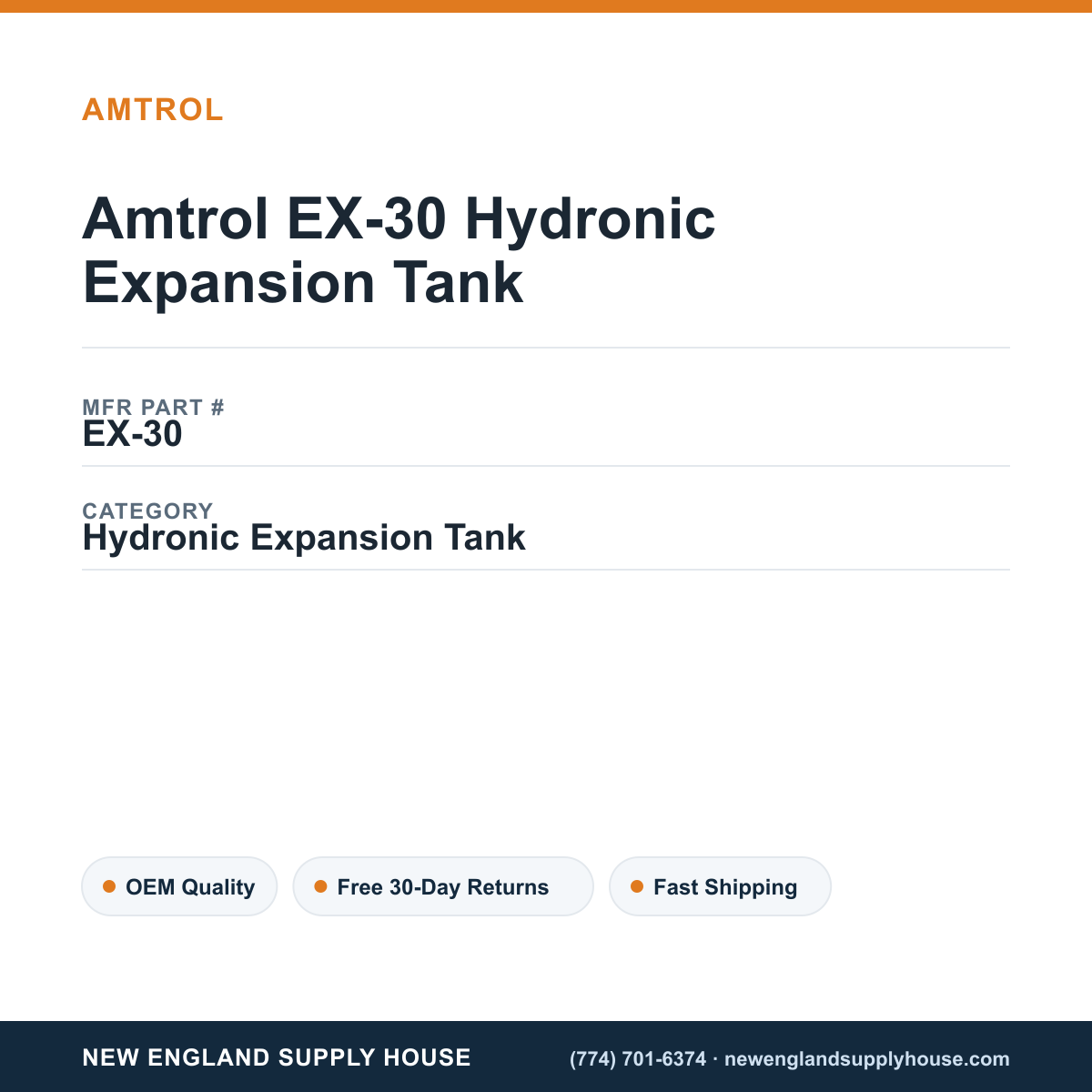 Amtrol EX-30 Hydronic Expansion Tank — New England Supply House spec card [NESH-SPEC-CARD-V2]