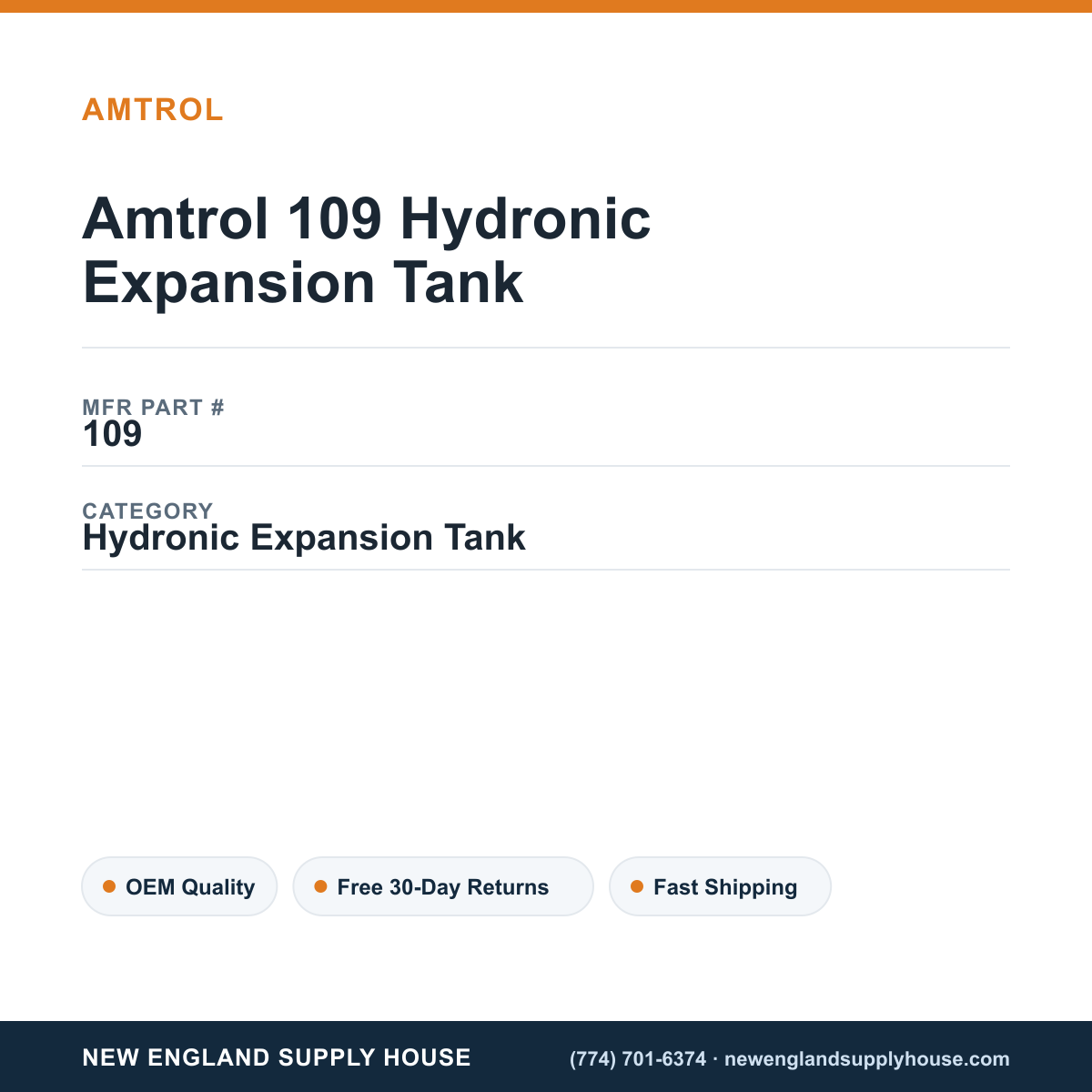 Amtrol 109 Hydronic Expansion Tank — New England Supply House spec card [NESH-SPEC-CARD-V2]
