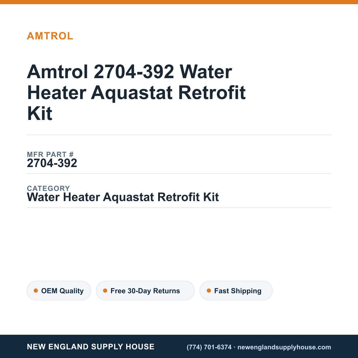 Amtrol 2704-392 Water Heater Aquastat Retrofit Kit — New England Supply House spec card [NESH-SPEC-CARD-V2]