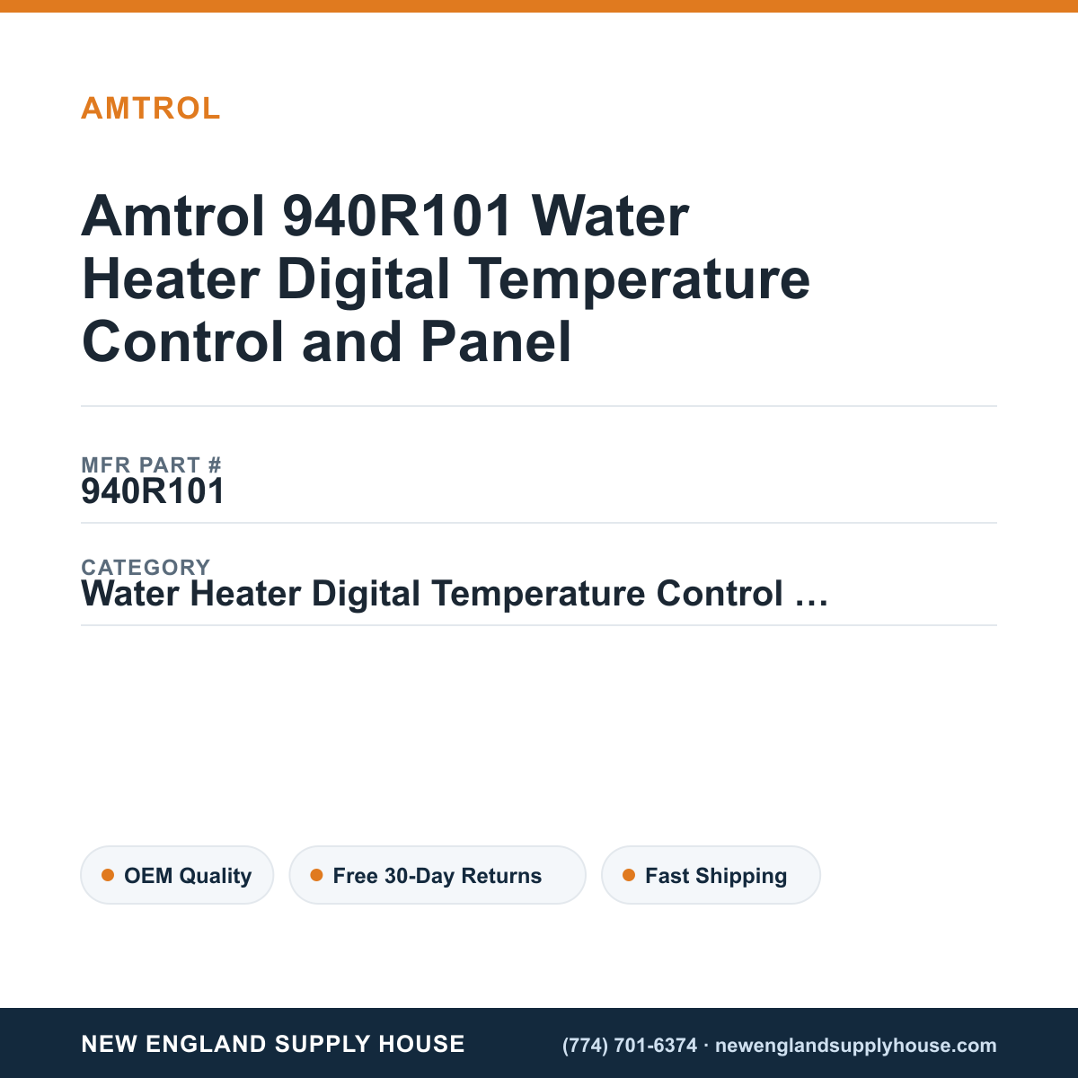Amtrol 940R101 Water Heater Digital Temperature Control and Panel — New England Supply House spec card [NESH-SPEC-CARD-V2]