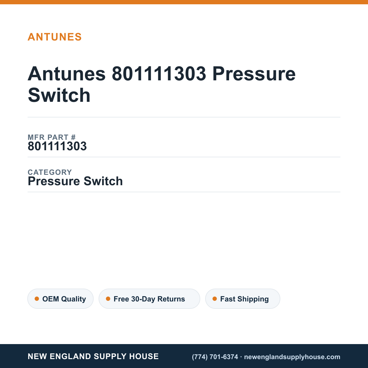 Antunes 801111303 Pressure Switch — New England Supply House spec card [NESH-SPEC-CARD-V2]