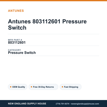 Antunes 803112601 Pressure Switch — New England Supply House spec card [NESH-SPEC-CARD-V2]
