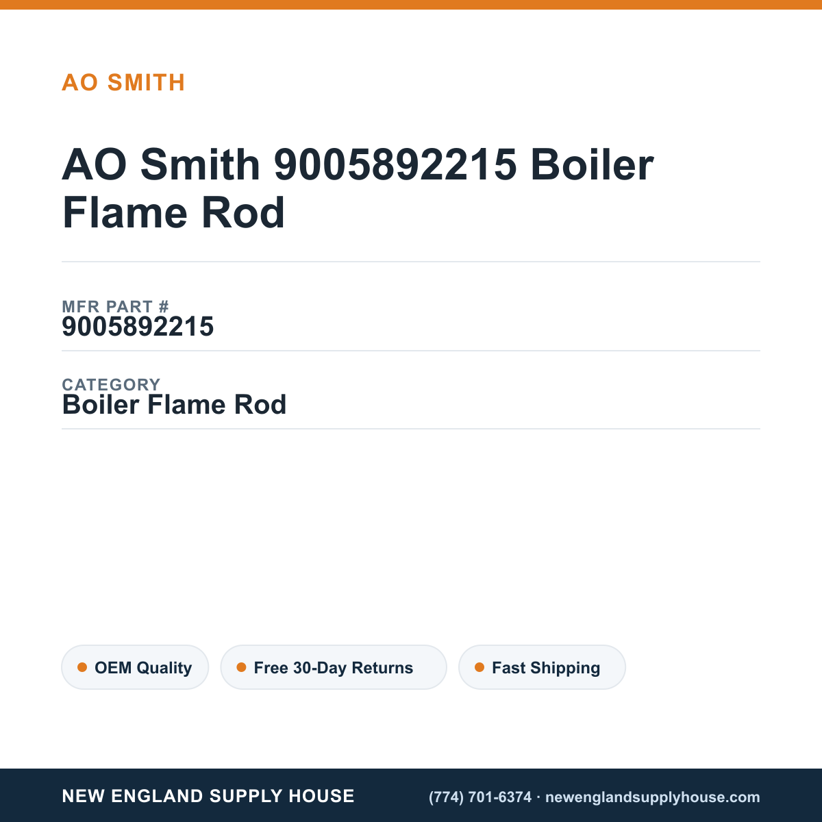 AO Smith 9005892215 Boiler Flame Rod — New England Supply House spec card [NESH-SPEC-CARD-V2]