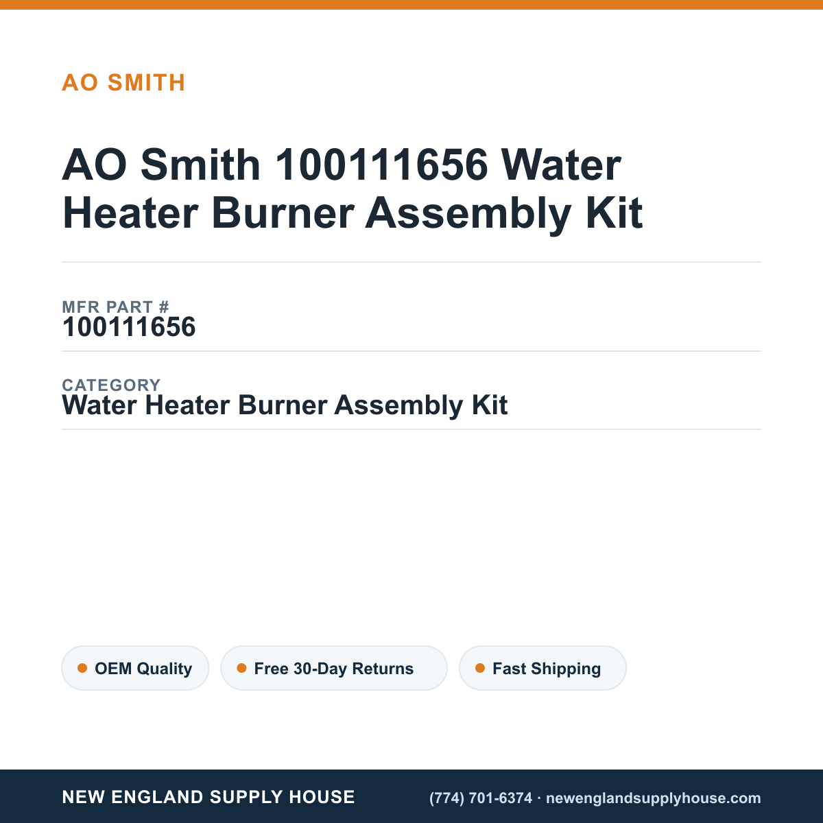 AO Smith 100111656 Water Heater Burner Assembly Kit — New England Supply House spec card [NESH-SPEC-CARD-V2]