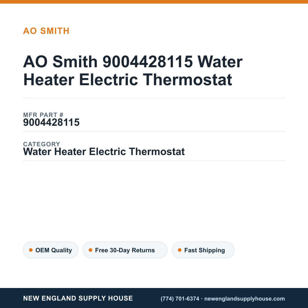 AO Smith 9004428115 Water Heater Electric Thermostat — New England Supply House spec card [NESH-SPEC-CARD-V2]