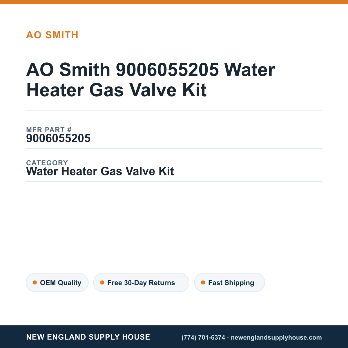 AO Smith 9006055205 Water Heater Gas Valve Kit — New England Supply House spec card [NESH-SPEC-CARD-V2]